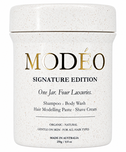 MODÉO Signature edition. One rich foaming cream. 4 essentials in one jar: Shampoo. Body wash. Modelling Paste. Shave cream