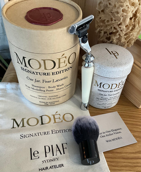 MODÉO Signature edition. One rich foaming cream. 4 essentials in one jar: Shampoo. Body wash. Modelling Paste. Shave cream