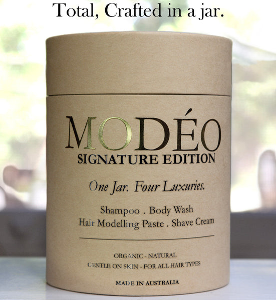 MODÉO Signature edition. One rich foaming cream. 4 essentials in one jar: Shampoo. Body wash. Modelling Paste. Shave cream