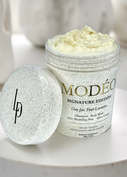 MODÉO Signature edition. One rich foaming cream. 4 essentials in one jar: Shampoo. Body wash. Modelling Paste. Shave cream
