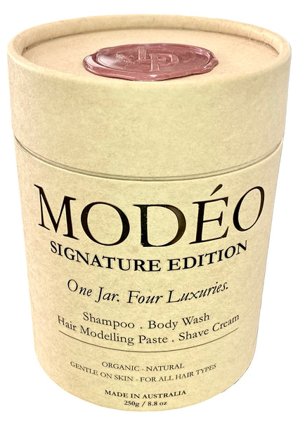 MODÉO Signature edition. One rich foaming cream. 4 essentials in one jar: Shampoo. Body wash. Modelling Paste. Shave cream