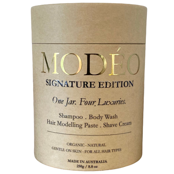 MODÉO Signature edition. One rich foaming cream. 4 essentials in one jar: Shampoo. Body wash. Modelling Paste. Shave cream