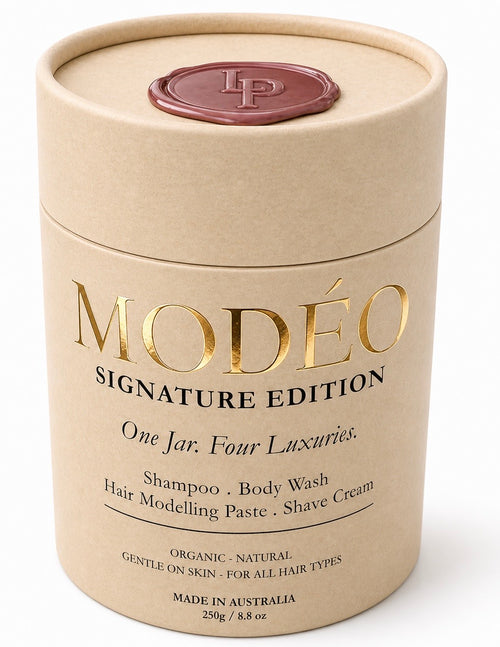 MODÉO Signature edition. One rich foaming cream. 4 essentials in one jar: Shampoo. Body wash. Modelling Paste. Shave cream