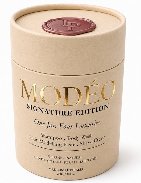 MODÉO Signature edition. One rich foaming cream. 4 essentials in one jar: Shampoo. Body wash. Modelling Paste. Shave cream