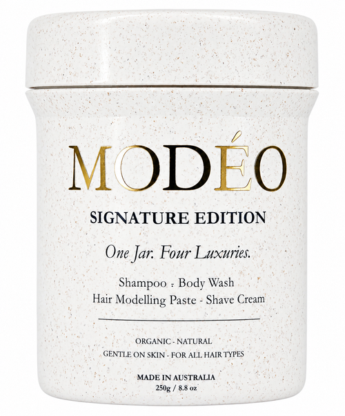MODÉO Signature edition. One rich foaming cream. 4 essentials in one jar: Shampoo. Body wash. Modelling Paste. Shave cream