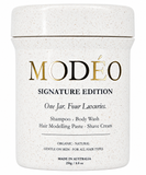 MODÉO Signature edition. One rich foaming cream. 4 essentials in one jar: Shampoo. Body wash. Modelling Paste. Shave cream