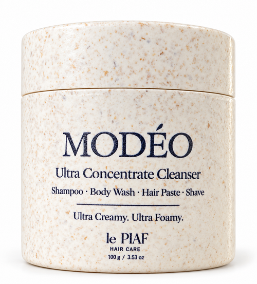 MODÉO. One rich foaming. 4 essentials in one jar: Shampoo. Body wash. Modelling Paste. Shave cream