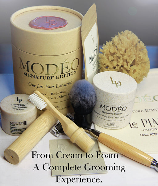 MODÉO Signature edition. One rich foaming cream. 4 essentials in one jar: Shampoo. Body wash. Modelling Paste. Shave cream