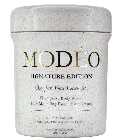 MODÉO Signature edition. One rich foaming cream. 4 essentials in one jar: Shampoo. Body wash. Modelling Paste. Shave cream