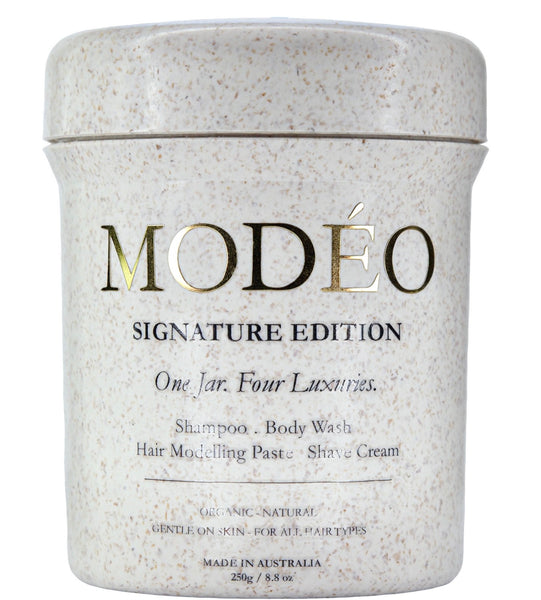 MODÉO Signature edition. One rich foaming cream. 4 essentials in one jar: Shampoo. Body wash. Modelling Paste. Shave cream