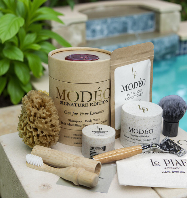 MODÉO Signature edition. One rich foaming cream. 4 essentials in one jar: Shampoo. Body wash. Modelling Paste. Shave cream
