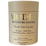 MODÉO Signature edition. One rich foaming cream. 4 essentials in one jar: Shampoo. Body wash. Modelling Paste. Shave cream